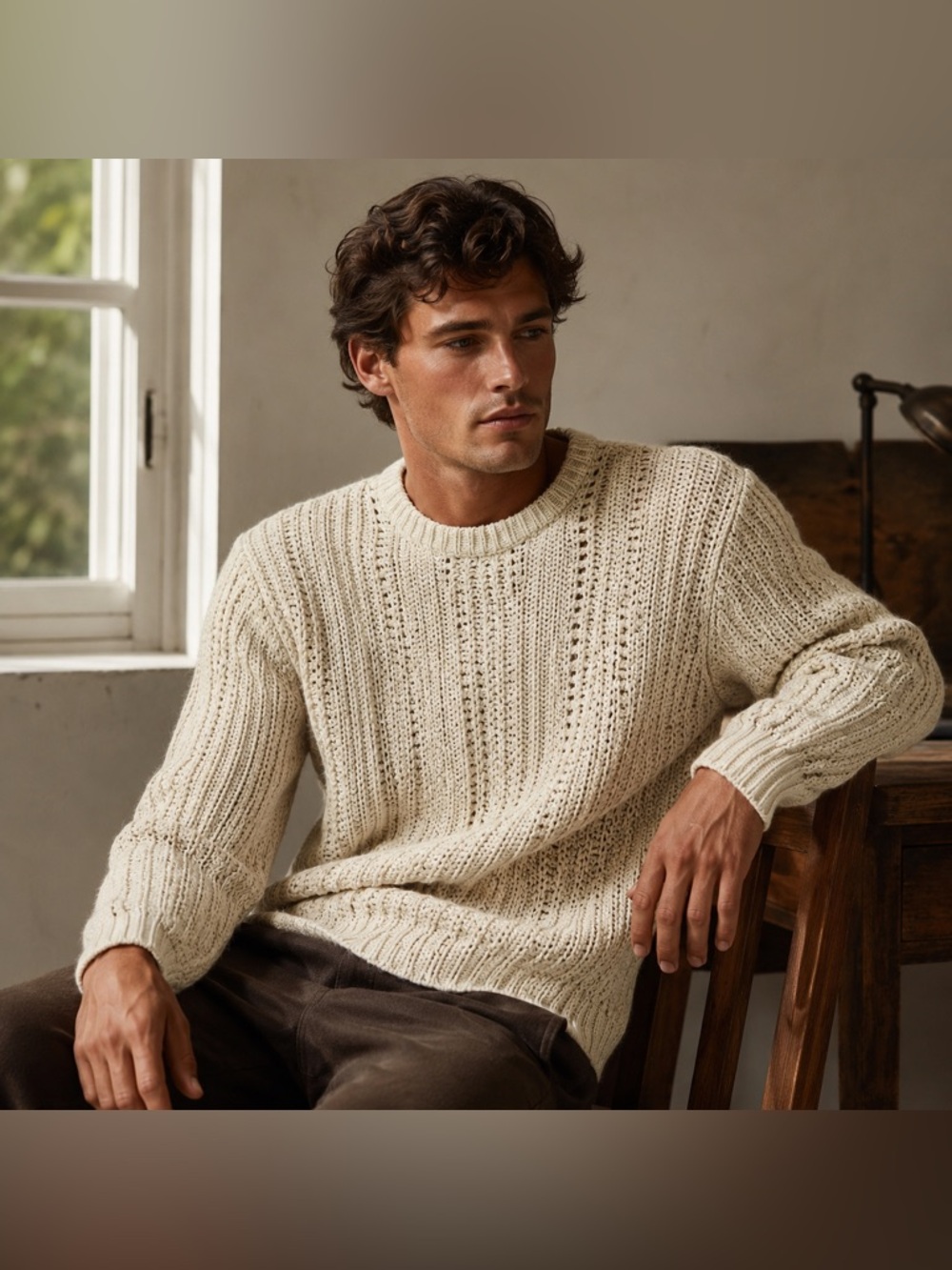 Norm Thompson Men Sz M 100% Silk Fisherman Knit Ivory Sweater Coastal Grandpa